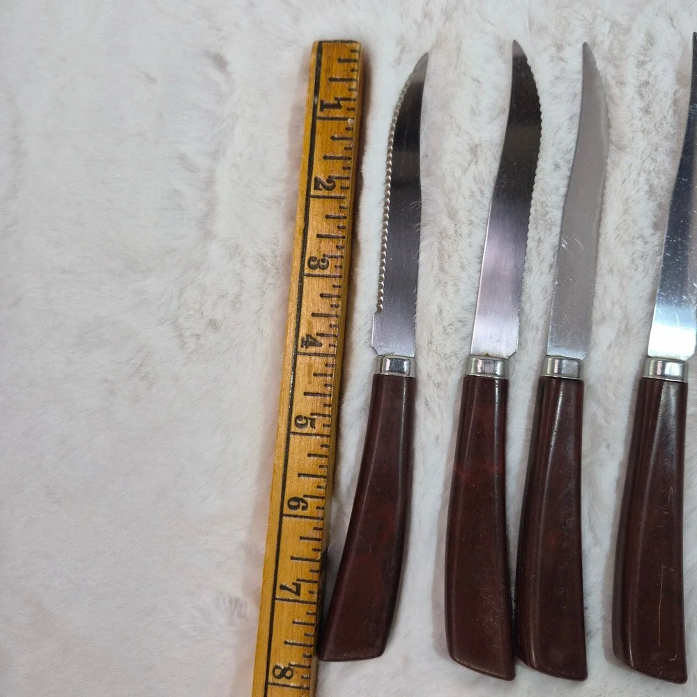 Vintage Quikut Steak Knives Set of 4 Serrated Stainless Steel Brown MCM Handles